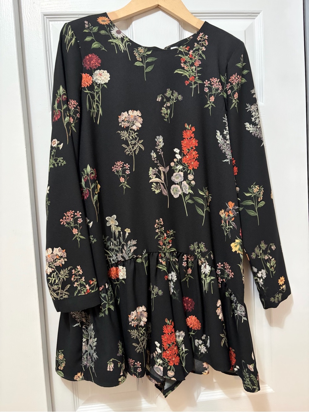 Zara Black Floral Long-Sleeve Drop-Waist Mini Dress